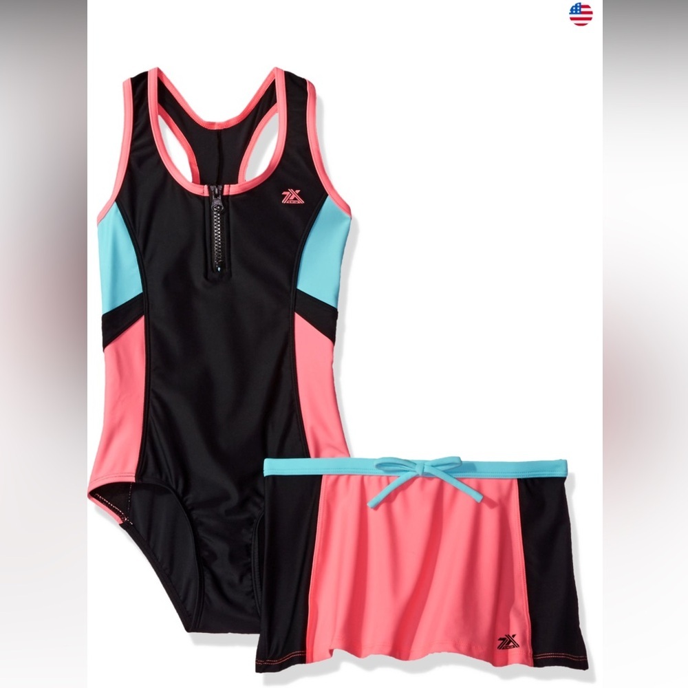 ZeroXposur Black Coral & Aqua Girls Zip-Front One-Piece with Swim Skirt